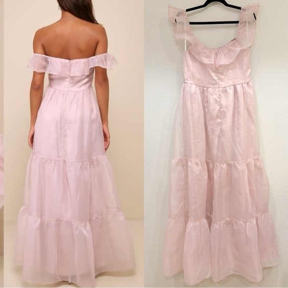 NWOT Lulus Enchanting Always‎ Blush Organza Off-the-Shoulder Maxi Dress - Picture 6 of 9